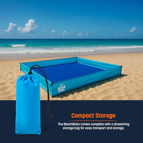BeachBoba Sandproof Beach Blanket - Outdoor Playpen Sheet with Side Walls and Stakes to Keep Sand Out (Blue)
