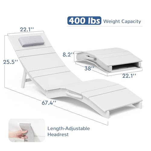 Stoog All-Weather Folding Pool Lounge Chairs, HIPS Anti-Floating Outdoor Chaise with Headrest, Heavy Duty Pool Chairs for Beach, Sun Deck, White - color: White