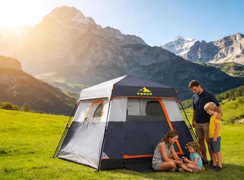 3/4 Person Camping Tent with 1 Door, 4 Windows, and Upgraded Ventilation– Instant Setup, Waterproof, 8'x 8'x 67''Oxford Fabric Floor Pop Up in 60 Seconds Includes Rainfly and Backpack - color: 4 Person -Grey