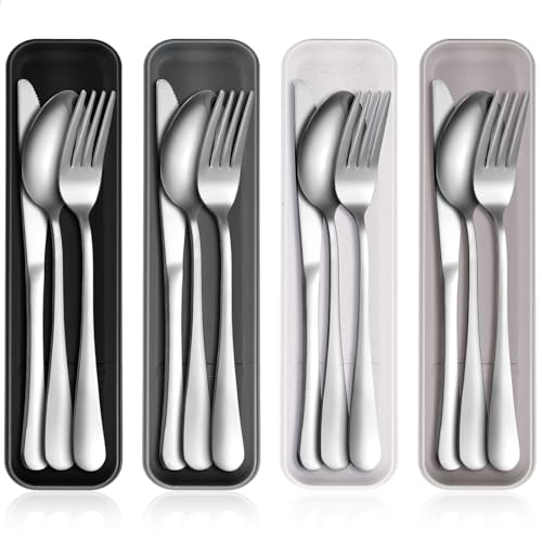 Yinkin 4 Pack Portable Travel Utensils Set with Case Reusable Stainless Steel Silverware Flatware Camping Cutlery Include Fork Spoon Knife for Work School Dishwasher Safe(Classic Color) - color: Classic Color
