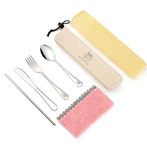 Boulder Bee | Travel Utensils Set | Reusable Camping Cutlery Set | Stainless Steel Flatware Set | Portable Silverware Set with Case | Includes Knife/Fork/Spoon/Straw/Cleaning Cloth/Case (Silver) - color: Silver
