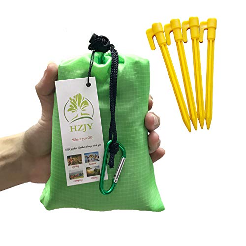 Pocket Blanket 71"x55", Lightweight Compact Sandproof Waterproof Outdoor Blanket for Beach, Hiking, Camping, Travel, Festivals, Picnic with Pockets, Loops, Stakes, Carabiner - color: Willow Green