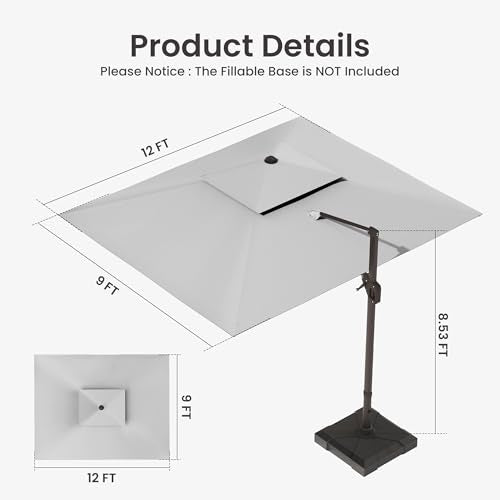 9x12 FT Cantilever Patio Umbrella with Led Lights Double Top Outdoor Rectangular Large Heavy Duty Aluminum Offset Umbrellas with 7 Level Tilt 360-degree Rotation for Pool Garden Deck, Fog Grey - color: Fog Grey, size: 9' X 12'-with Light