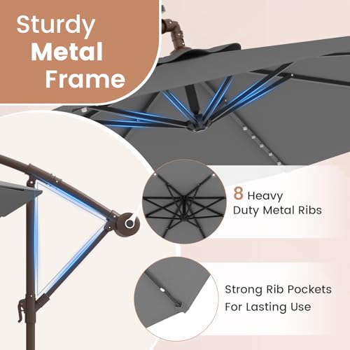 Tangkula 10FT Offset Patio Umbrella with Base Included, Outdoor Cantilever Umbrella with 40 Solar LED Lights, Tilt Adjustment, Crank Handle, Vented Top, Sand Bags for Pool Yard Deck (Gray) - color: Gray