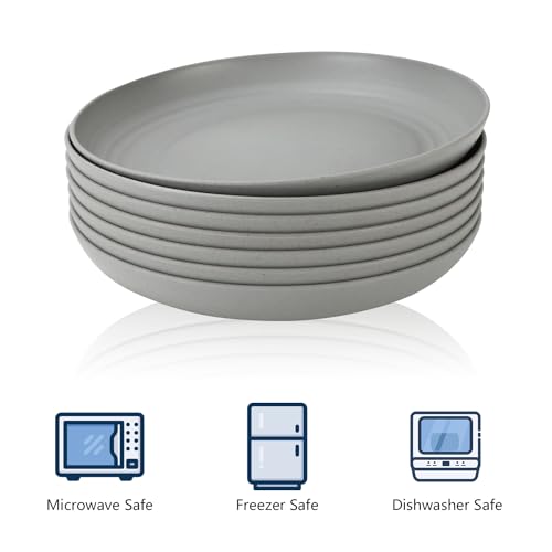 Homienly Deep Dinner Plates Set of 8 Alternative for Plastic Plates Microwave and Dishwasher Safe Wheat Straw Plates for Kitchen Unbreakable and Lightweight Round Plate Set (Grey,9 inch) - color: Gray, size: 9 Inch