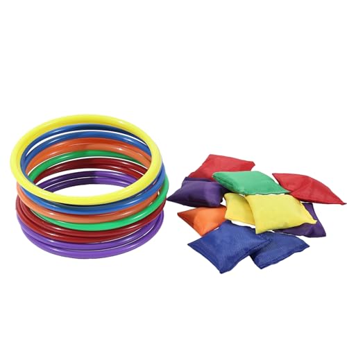24Pcs Nylon Bean Bags Plastic Rings Game Sets for Kids Ring Toss Game Booth Carnival Garden Backyard Outdoor Games Speed Agility Training Games