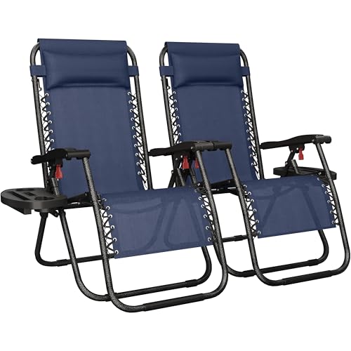Yaheetech Zero Gravity Recliners Outdoor Adjustable Folding Reclining Lounge Chairs w/Pillows, Cup Holder Trays and Carry Strap for Patio Backyard Beach Navy Blue Set of 2 - color: Navy Blue