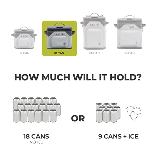 CORE Magnetic Leak Proof Soft Cooler with Waterproof Zipper | Insulated Bag Portable Ice Chest Box | Best Soft Cooler for Food & Beverages for Tailgating, Car Camping, Travel, and Family Beach Picnics - color: Shadow Gray, size: 18 Can