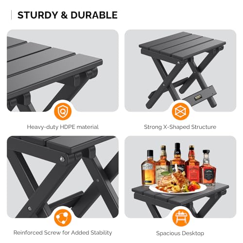 VINGLI Small HDPE Folding Side Table, Plastic Waterproof Portable Adirondack Coffee End Tables, All Weather for Patio, Backyard, Pool, Indoor Use, Slats Style, Black