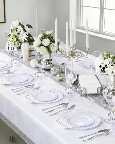 GATHER 700PCS Silver Plastic Plates - Silver Disposable Dinnerware Sets 100 Guest Include 200 Plates, 300 Silverware, 100 Napkins, 100 Cups For Wedding & Party - color: Silver, size: 100 Guests