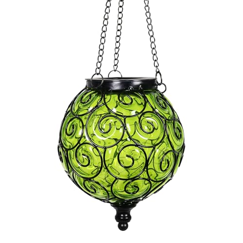 Solar Hanging Lantern Outdoor Garden Lights, Round Glass and Metal Hanging Lantern, 15 Firefly LED Lights, 7 x 20 Inch (Green) - color: Green