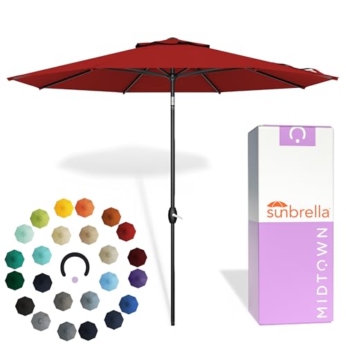 Midtown Umbrellas - The Lean 9 Ft Patio Umbrella with Fade-Resistant Sunbrella Fabric, Auto-Tilt Aluminum Frame and 8 Reinforced Ribs for Deck, Pool & Garden - Red Canopy, Black Pole - color: Sunbrella Red, size: 9 Feet