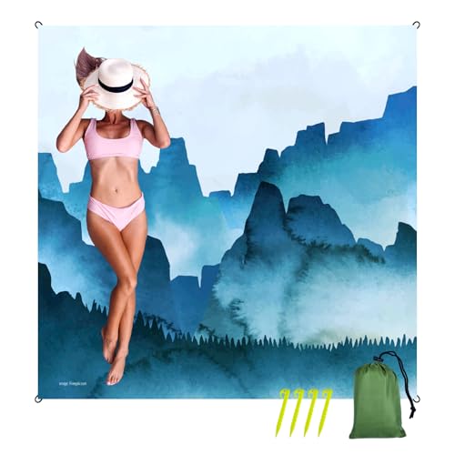 Oversized Sandproof Beach Blanket (83"x81"), Extra Large Beach Sheet for Up to 6 People. Sandfree Beach Mat, Big Sand Blankets with Sand Bags and Stakes. (Cyan Mountain) - color: Cyan Mountain, size: Large (83" X 81" / 6'11" X 6'9")