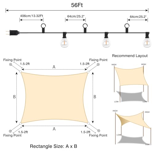 Sun Shade Sail with LED G40 String Lights, 8‘ x 12' Rectangle Beige Shade Cloth, 95-98% UV Protection, Ideal for Patio, Garden, Backyard - Easy to Install with Innovative Hooks