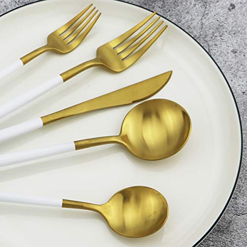 White Handle Matte Gold Silverware Set,Gugrida 5-Piece 18/10 Stainless Steel Satin Finish Flatware Set,Kitchen Utensil Set,Tableware Travel Cutlery Set for Camping Office Lunch, Dishwasher Safe - color: White Handle Gold, size: Service for 1