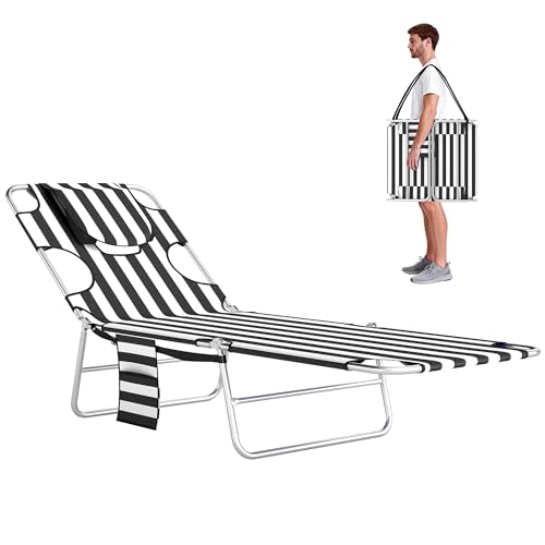 Outsunny Chaise Lounge Chair Outdoor with Face Arm Hole, 5-Position Reclining Face Down Tanning Chair with Carry Strap, Side Pocket, Portable Folding Bed Cot for Patio Beach Pool, Black Stripe - color: Black Stripe, size: 1 Piece