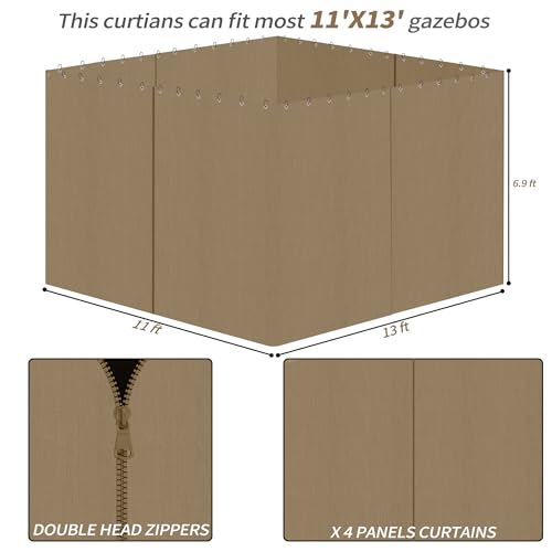 Gazebo Privacy Curtains 11' x 13' with Zipper 4-Panels Side Wall Universal Replacement for Patio, Outdoor Canopy, Garden and Backyard (Curtain Only) - color: Khaki, size: 11' x 13'