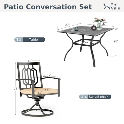 PHI VILLA 5 Pieces Outdoor Dining Set for 4, 37” Square Wrought Iron Table with Mesh Tabletop & Swivel Metal Steel Chairs with Cushions, Outside Furniture Set for Patio, Porch, Deck, Backyard - color: Hexagon Back Swivel Chair, size: 5PCS-37" Mesh Top Tab
