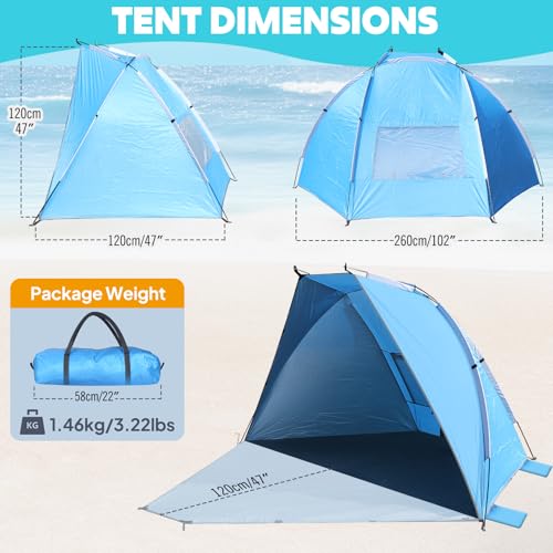Chihee Beach Tent for 1/2/3 Person, Portable Camping Sun Shelter with Extended Floor, UV Protection Silver Coated Canopy, Privacy Changing Option, Wind Resistant with Sandbags, Lightweight Beach Shade