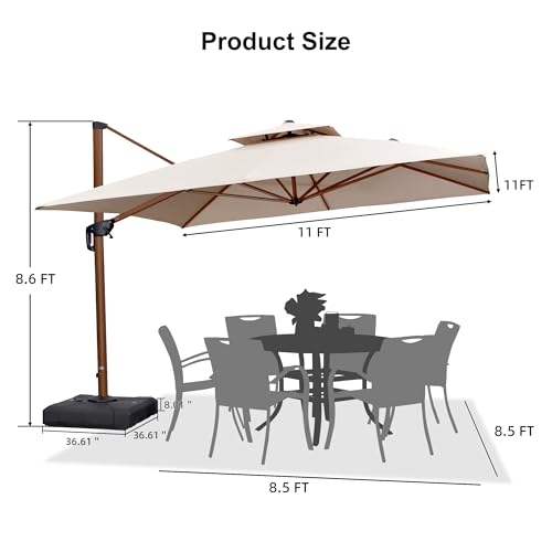 PURPLE LEAF 11ft Patio Umbrella with Base Outdoor Square Umbrellas Large Cantilever Umbrella Windproof Offset Umbrellas Heavy Duty Sun Umbrella for Garden Deck Pool Patio, Beige - color: Beige, size: 11'X11', style: Base Included