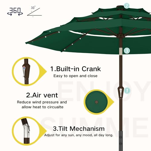 Kingdura 9ft 3-Tier Patio Umbrella with Solar Lights, Table Umbrella Outdoor Patio with Easy Crank & Tilt, 8 Sturdy Ribs, UV Protection, 32 LED Lights for Deck, Poolside, Market (Dark green) - color: Dark green-LED, size: 9 FT