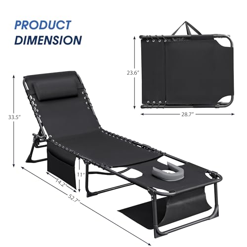 Flamaker Face Down Chaise Lounge Chair 5-Position Adjustable Sunbathing, Foldable Tanning Chair with Face& Arm Holes, Outdoor Recliner Chair for Pool, Beach, Patio, Lawn (Black, 1 Pcs) - color: Black, style: Sauna, 1 Pcs