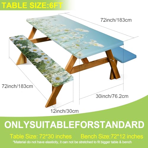 ANNA QUEEN Blue Daisy 6FT Picnic Table Cover Set, 3PCS 72"x30" Floral Tablecloth and Bench Covers, Waterproof Camping Spring Wedding & Garden Party Decor - color: #8