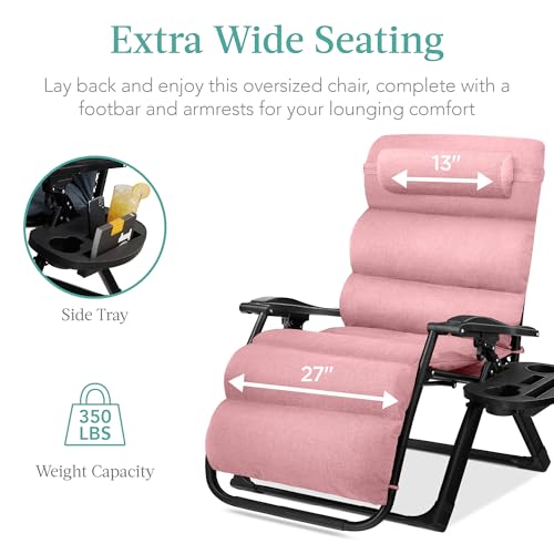 Best Choice Products Oversized Zero Gravity Chair, Folding Outdoor Patio Recliner, XL Anti Gravity Lounger w/Removable Cushion, Cup Holder, Side Tray, 350lb Capacity - Pink - color: Pink