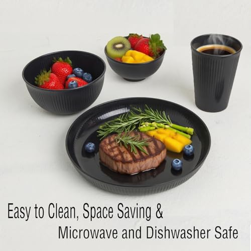 DAPIPIK 36 Pcs Lightweight Black Wheat Straw Dinnerware Set - Unbreakable Dishes for Kitchen & Camping | Microwave Dishwasher Safe - color: Black