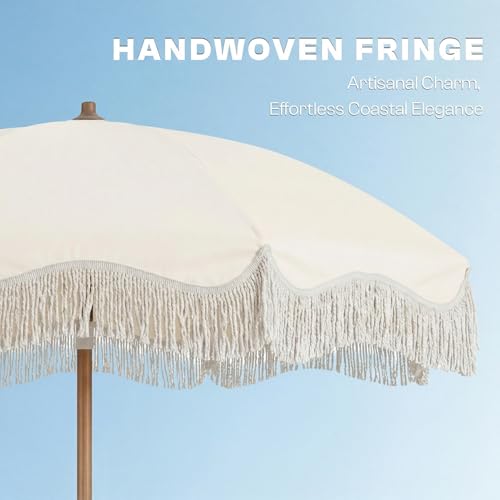 7ft Patio Umbrella with Fringe, Boho Beach Umbrellas, Outdoor Tassels Umbrellas with Push Button Tilt & Carrying Bag, 8 Windproof Fiberglass Ribs, UPF50+ - color: Creamy-white
