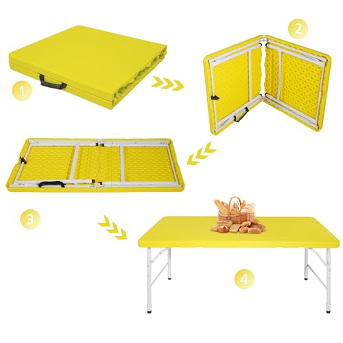 Portable 4Ft Folding Table, Heavy Duty Plastic Fold-in-Half Utility Foldable Table Small, Adjustable Height Plastic Folding Table with Carrying Handle for Camping &Party Indoor/Outdoor(Yellow) - color: Yellow, size: 4Ft