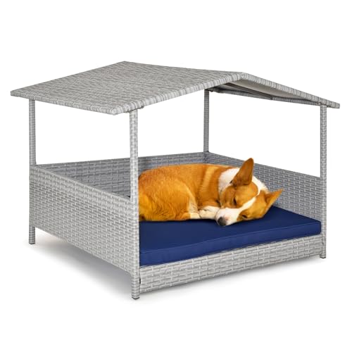 Tangkula Wicker Dog House, Indoor Outdoor Raised Rattan Dog Bed w/Removable Cushion, Washable Cover, Weatherproof Roof, Rattan Puppy Shelter w/Elevated Floor for Small Medium Dogs (Grey & Navy) - style: Grey House & Navy Cushion