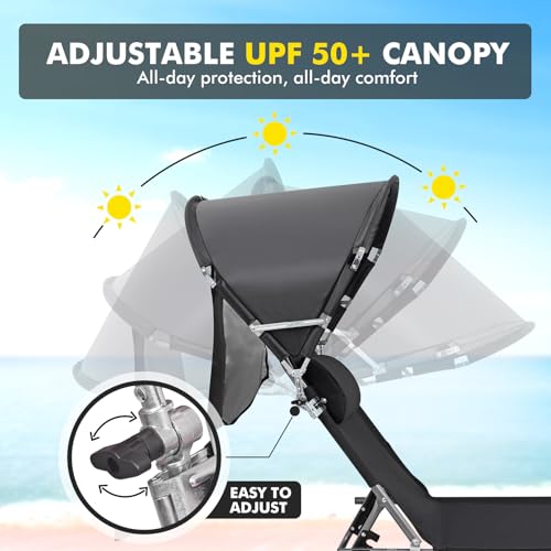 Oversized Extra Wide Tanning Chair with Sun Canopy Face Hole Padded Adjustable Washable, Heavy Duty Layout Folding Lounge Chair for Outside Beach Reading Sunbathing, UPF 50+, XL, Plus Size, 330 LBS - color: Black, size: Oversized
