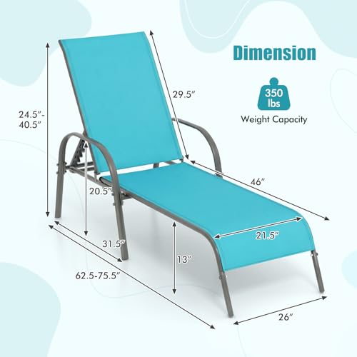 Tangkula Lounge Chair Outdoor, Patio Chaise Lounge with Adjustable Backrest, Reclining Pool Lounge Chair for Outside with Heavy Duty Steel Frame, Suitable for Beach, Yard, Balcony, Poolside - color: Turquoise