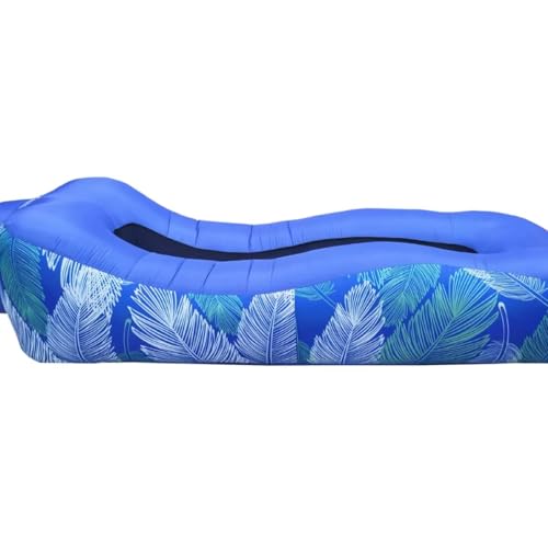 Inflatable Lounger Sofa Bed Blue Leaf Print 210T Tear Protective Nylon with Breathable Mesh Safety Buckle Windproof Nails for Beach Camping Outdoor