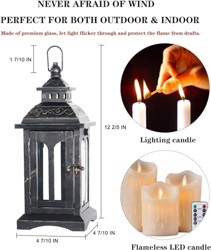 Candle Lantern Decorative Indoor & Outdoor, Christmas Vintage Metal Hanging Lanterns Decor for Front Porch Home Patio Wedding Party, Halloween Decorations (Black with Copper Brush) - color: Black |||