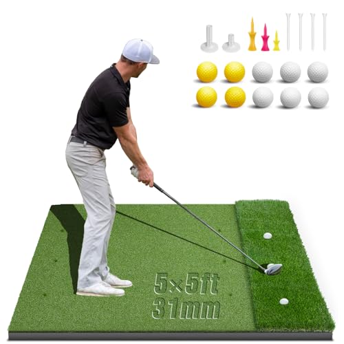 Dual-Turf Golf Mat 31mm: 6x4ft/5X5ft Extra Large Golf Hitting Mats Practice Outdoor Indoor, High-Density Artificial Turf Matt for Garage Simulator Chipping Driving Training, Ideal Gifts for Men Dad - style: 5'X5' XX-Large-31mm
