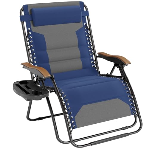 PHI VILLA XXL Oversized Padded Zero Gravity Chair, Foldable Patio Recliner, 30" Wide Seat Anti Gravity Lounger with Cup Holder, Support 400 LBS (Thumb Blue) - color: Blue, style: 1 Pcs