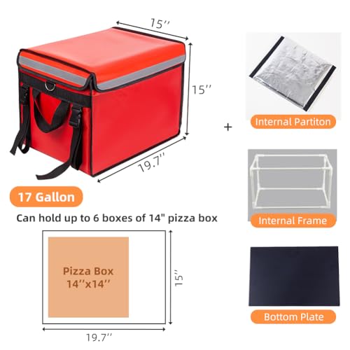 TooCust Red XXL Insulated Food Delivery Bag - 19.7" x 15" x 15", Commercial Insulated Pizza Delivery Bag with Divider, Waterproof & Foldable, 62L Can Hold Up to 7 Boxes of 14" Pizza Box - color: Red, size: 62 L