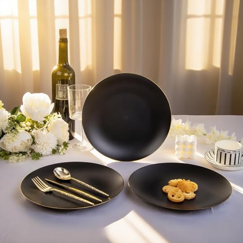 EI enjonirinjonir 80pcs Black and Gold Dinner Plates Disposable 10.25inch,Plastic Party Plates with Gold Rim,Black Plastic Matte plate Frosted Disposable Heavy Duty,Elegant for Wedding/Tea Party - color: Black and Gold Frosted Plastic Dinner Plates