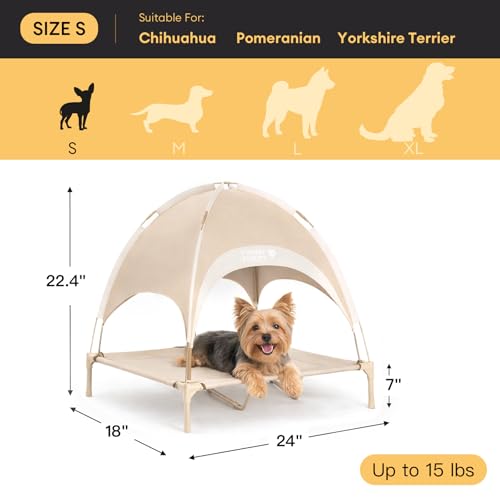 FUNNY FUZZY Elevated Dog Bed with Canopy, Small (24"x18"x7") – Outdoor Raised Dog Cot with Shade, Cooling Breathable Mesh Pet Bed, Portable Waterproof Dog Camping Bed for Large Medium Small Dogs,Khaki - color: Khaki, size: Small