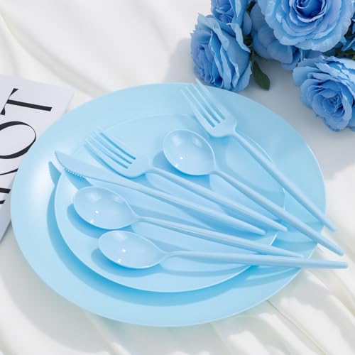 ejonirinjonir EI 150pcs Blue Plastic Plates Disposable Light Blue Baby Shower Plates Heavy Duty Dinnerware Set Plastic Silverware for Party,Wedding,Easter,Spring Afternoon Tea - color: Baby Blue Frosted Plastic Plates