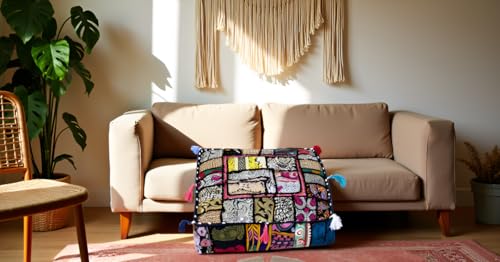 CRAFT KALA Indian Square Patchwork Traditional Pouf Cover Indian Living Room Poufs Decorative Embroidered Designer Ottoman Home Living Footstool Chair Cover Decor Pillow Cover 22x22x5 inches, Black