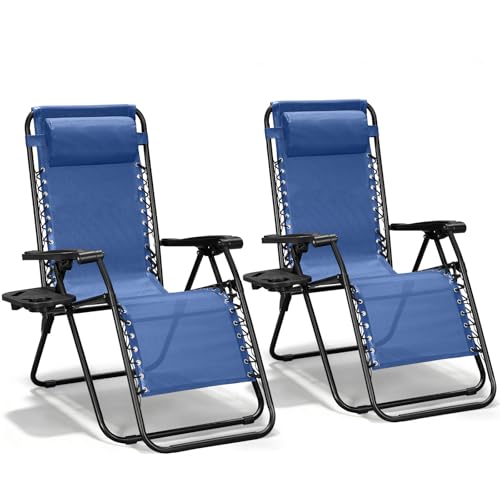 Zero Gravity Chairs Set of 2, Adjustable Lounge Chair Outdoor Recliner, Folding Reclining Lawn Chair, Anti Gravity Chair with Pillow & Cup Holder for Pool Camping Sunbathing Beach Patio (Blue) - color: Gentian Blue, size: 2pcs