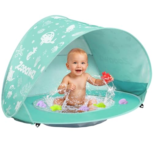 Baby Beach Tent, Pop Up Beach Tent Sun Shade for Beach, Portable Shade Pool UV Protection Sun Shelter for Infant with Beach Sand Toys Set - color: Patterned Mint Green
