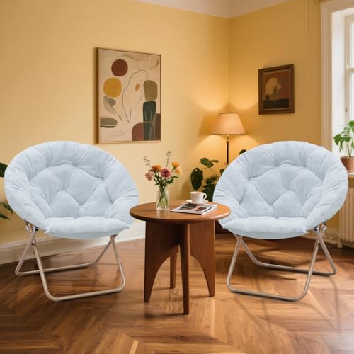 MoNiBloom Round Folding Faux Fur Saucer Chair for Bedroom Living Room Dorm Foldable Metal Frame Oversized Large Comfy Furry Padded Soft Lounge Lazy Cozy Moon Chair for Adults (Blue, 2 Pieces) - color: Blue