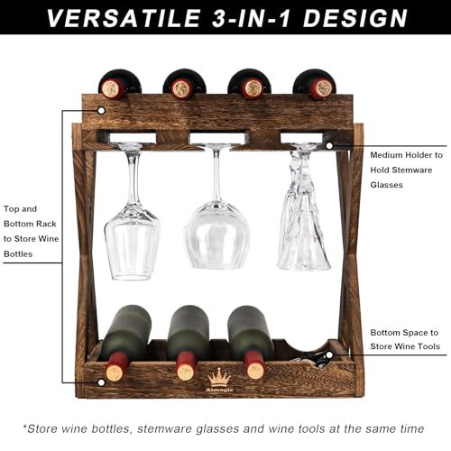 3-IN-1 Countertop Wine Rack with Glass Holder – Store 8 Bottles, 6 Stemware Glasses and Wine Tools | Durable Wooden Wine Bottle Holder | Elegant Home Decor for Kitchen, Dining, and Living Room