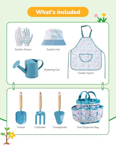 Grenebo Kids Gardening Set Toys, Quality Garden Tool Kit for Kids and Toddlers, Includes Two Shovels, Garden hat,Rake, Apron,Gloves, Watering Can, and Tool Bag (Blue) - color: B-blue