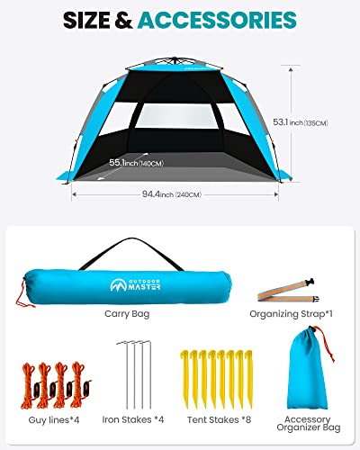 OutdoorMaster Beach Tent with Blackout Shelter Technology, Portable Sun Shade Shelter 4 Person, Pop Up Beach Tents with UPF 50+ UV Protection, 9.5mm Thick Pole, 3 Ventilating Mesh Windows -Blue - color: Blue