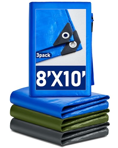 SmoothNovelty 3 Pcs Large Waterproof Tarp 8 x 10 ft Heavy Duty 5.5 Mil Thick Poly Tarpaulin with Grommets Multipurpose Protective Cover for Summer Home Boats Cars Camping Rv Pool Tent - color: Green,blue,silver, size: 8 x 10 ft